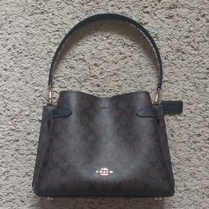 Coach Dark Brown Signature Shoulder Bag with Black Handle